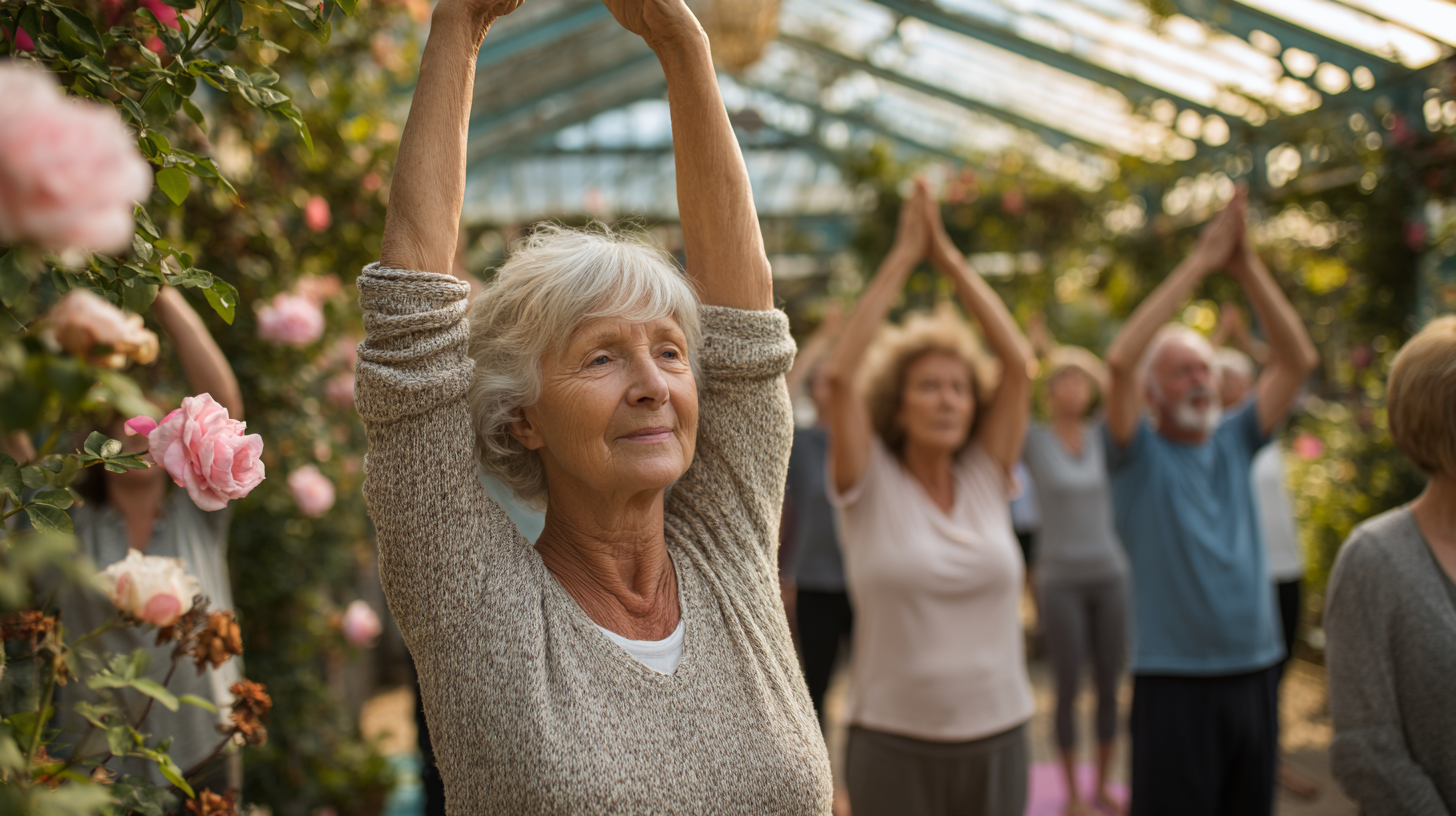 Seniori practicând yoga în natură