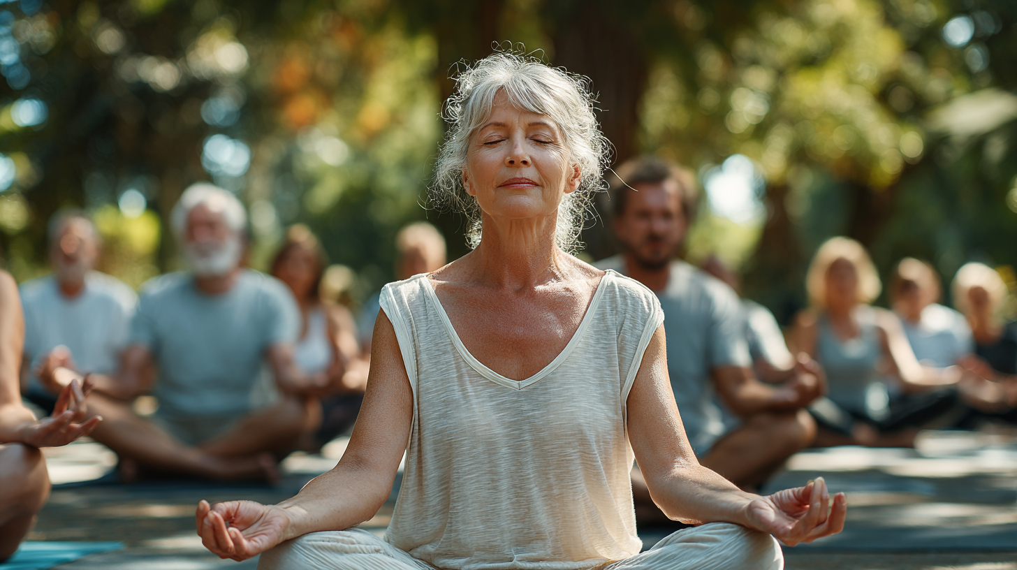 Grup de seniori relaxați după sesiunea de yoga